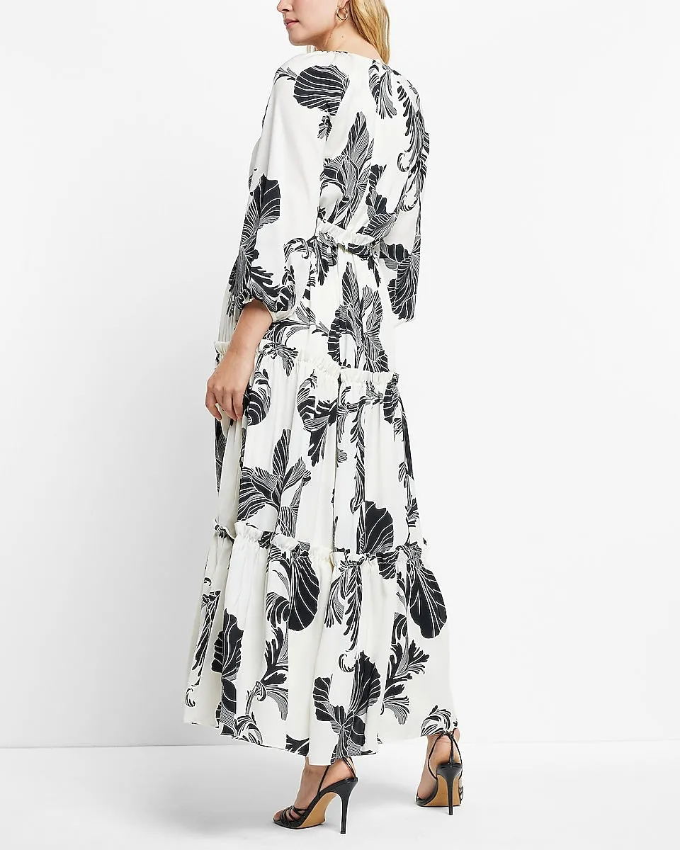 Printed Tiered Ruffle Maxi Dress in Black White