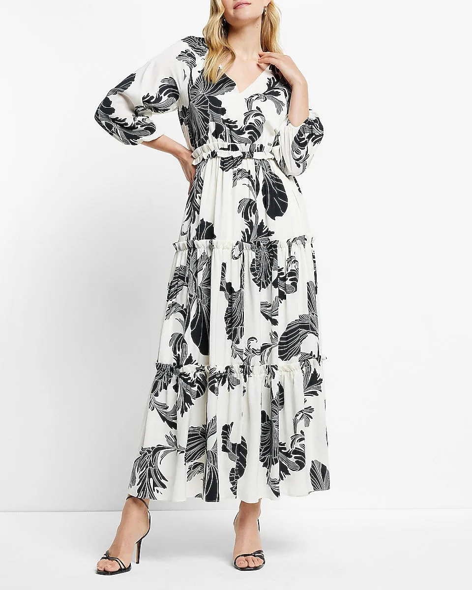 Printed Tiered Ruffle Maxi Dress in Black White