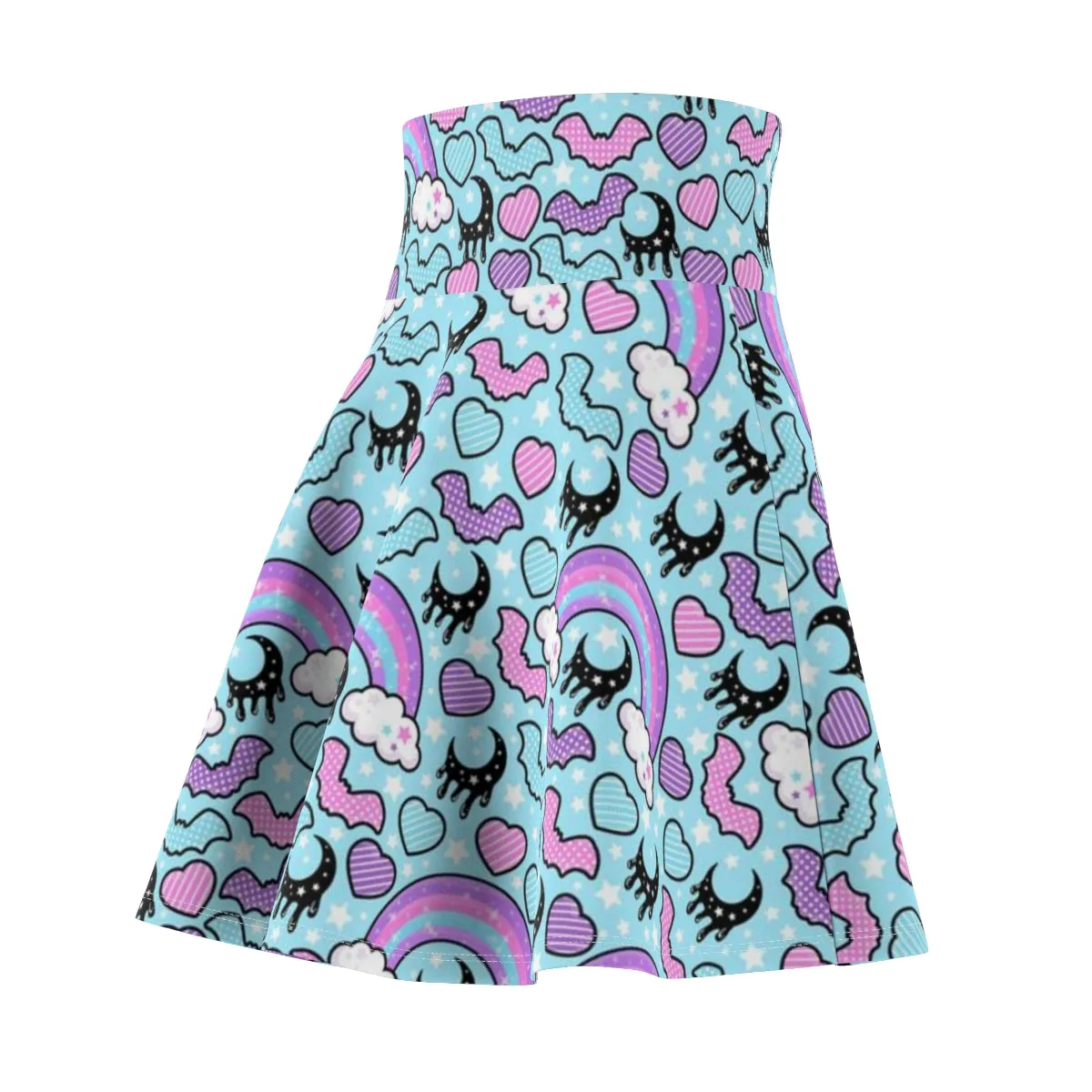 Rainbow Spooky Bats Blue High Waist Skater Skirt