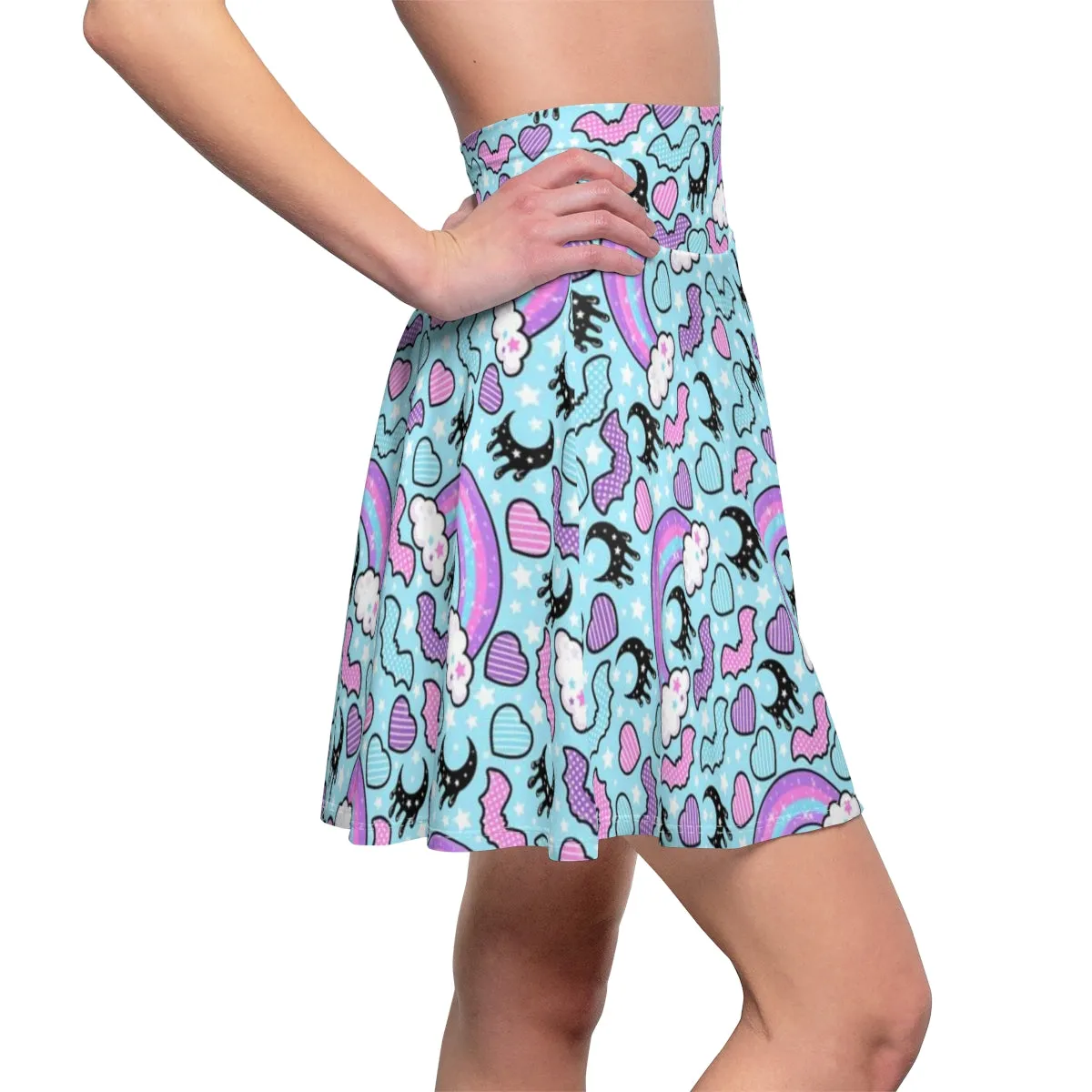 Rainbow Spooky Bats Blue High Waist Skater Skirt