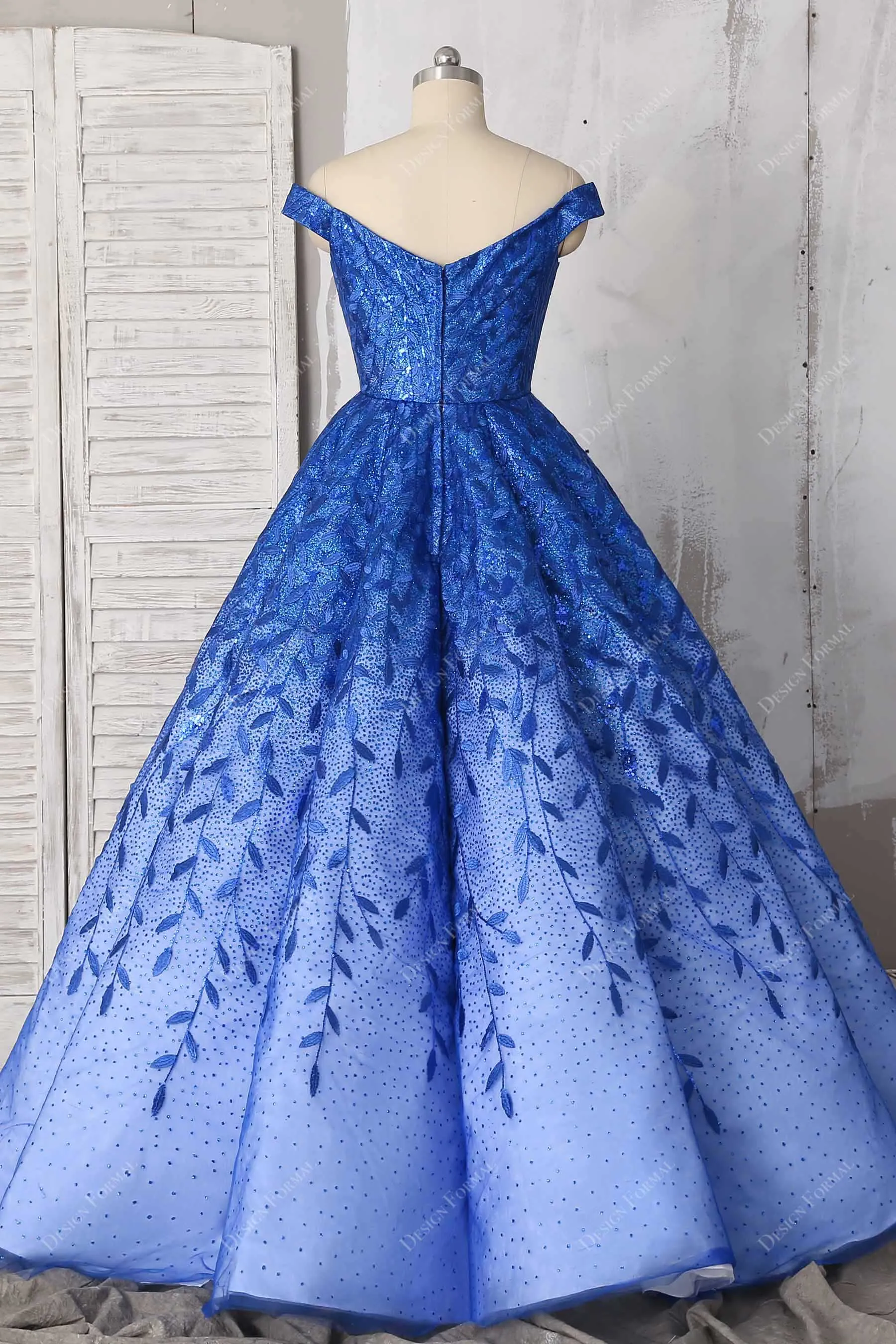 Royal Blue Ombre Off-shoulder Prom Ball Gown