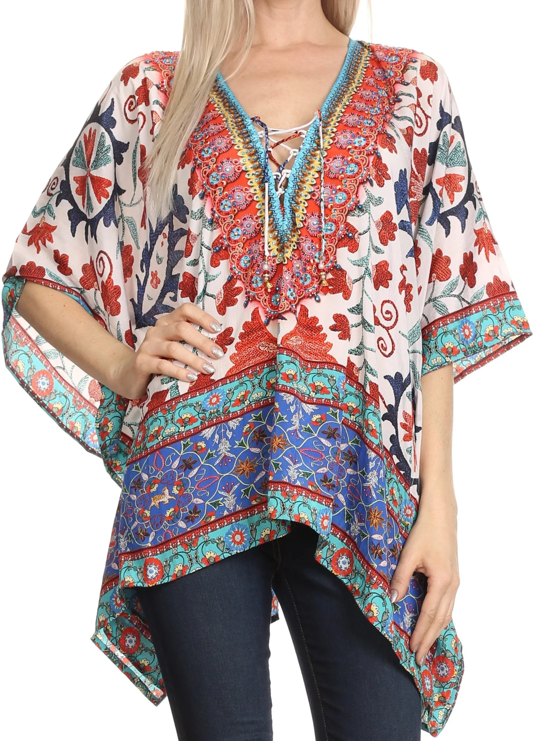 Sakkas Celeste Short V-Neck Lace Up Jewel Drawstring Poncho Coverup Kaftan Top