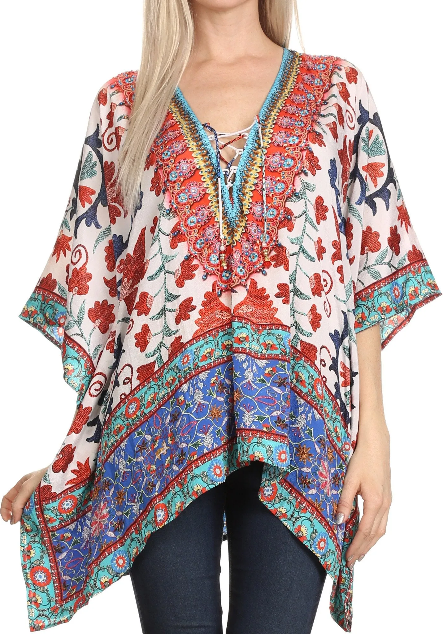 Sakkas Celeste Short V-Neck Lace Up Jewel Drawstring Poncho Coverup Kaftan Top