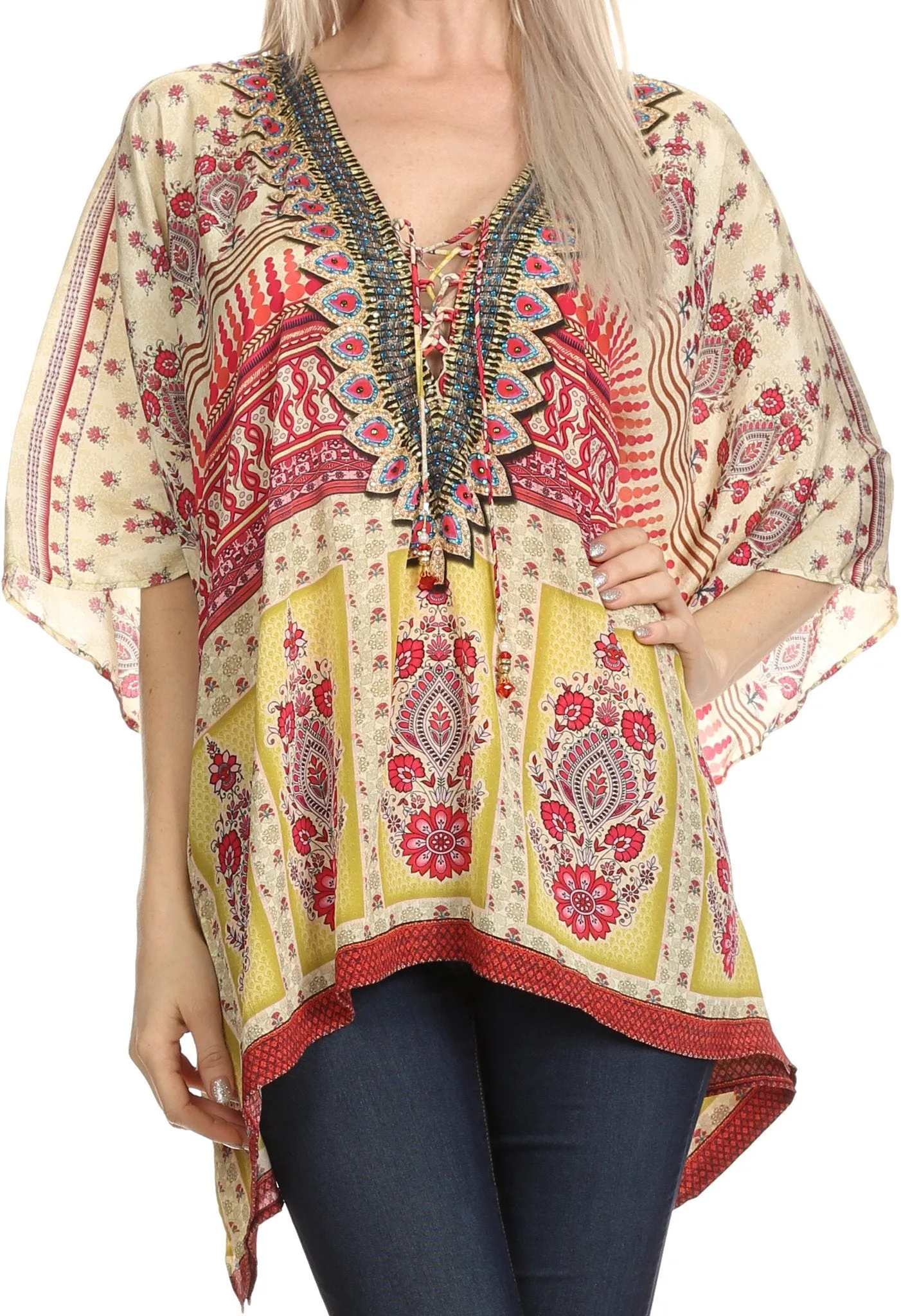 Sakkas Celeste Short V-Neck Lace Up Jewel Drawstring Poncho Coverup Kaftan Top