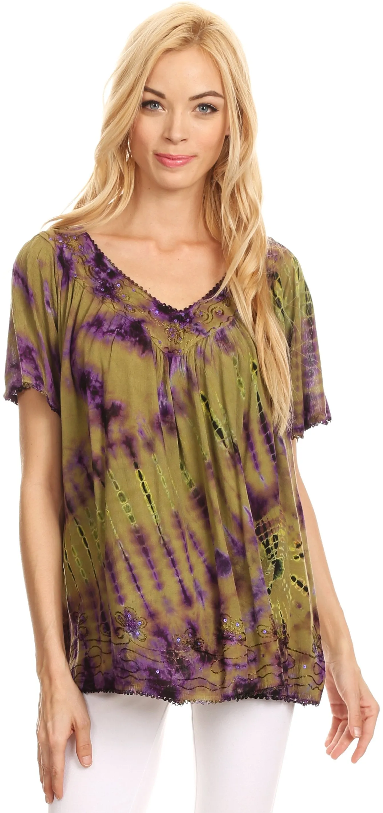 Sakkas Soraya Tie-Dye Scoop Neck Short Sleeve Embroidered Tunic Relaxed Fit Top