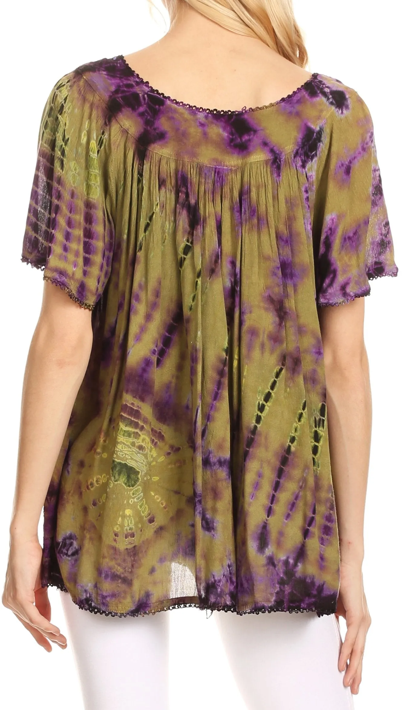 Sakkas Soraya Tie-Dye Scoop Neck Short Sleeve Embroidered Tunic Relaxed Fit Top