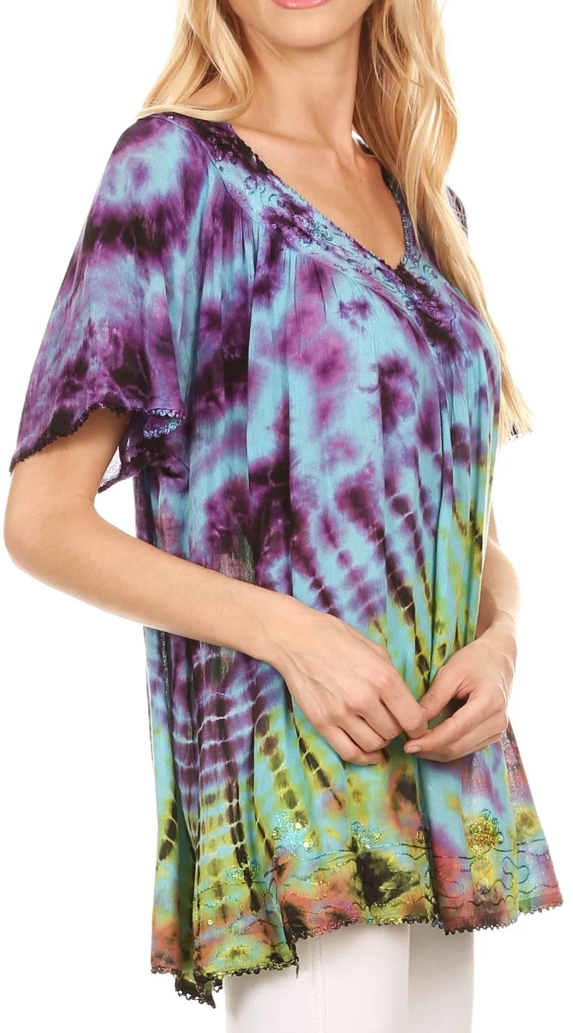 Sakkas Soraya Tie-Dye Scoop Neck Short Sleeve Embroidered Tunic Relaxed Fit Top