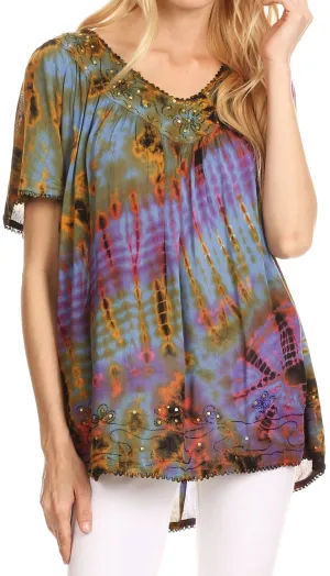 Sakkas Soraya Tie-Dye Scoop Neck Short Sleeve Embroidered Tunic Relaxed Fit Top