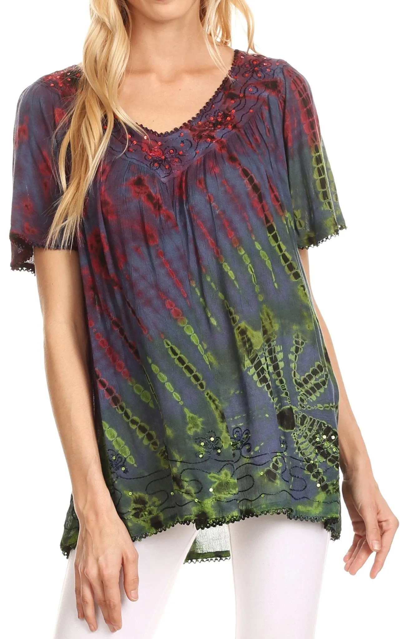 Sakkas Soraya Tie-Dye Scoop Neck Short Sleeve Embroidered Tunic Relaxed Fit Top