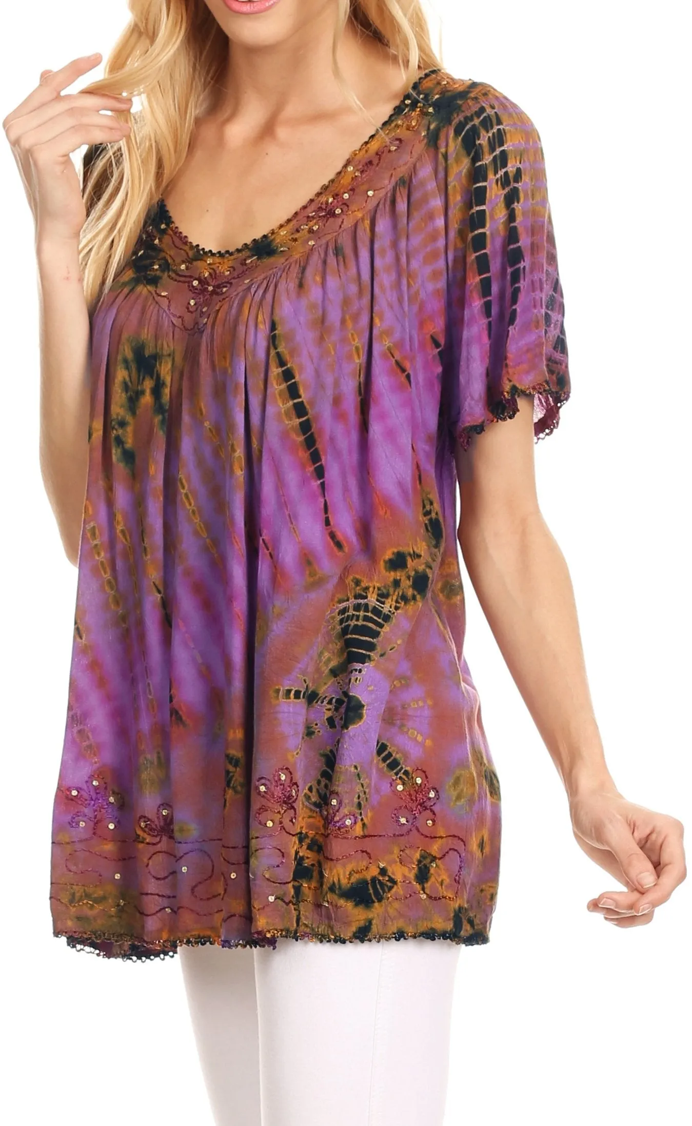 Sakkas Soraya Tie-Dye Scoop Neck Short Sleeve Embroidered Tunic Relaxed Fit Top