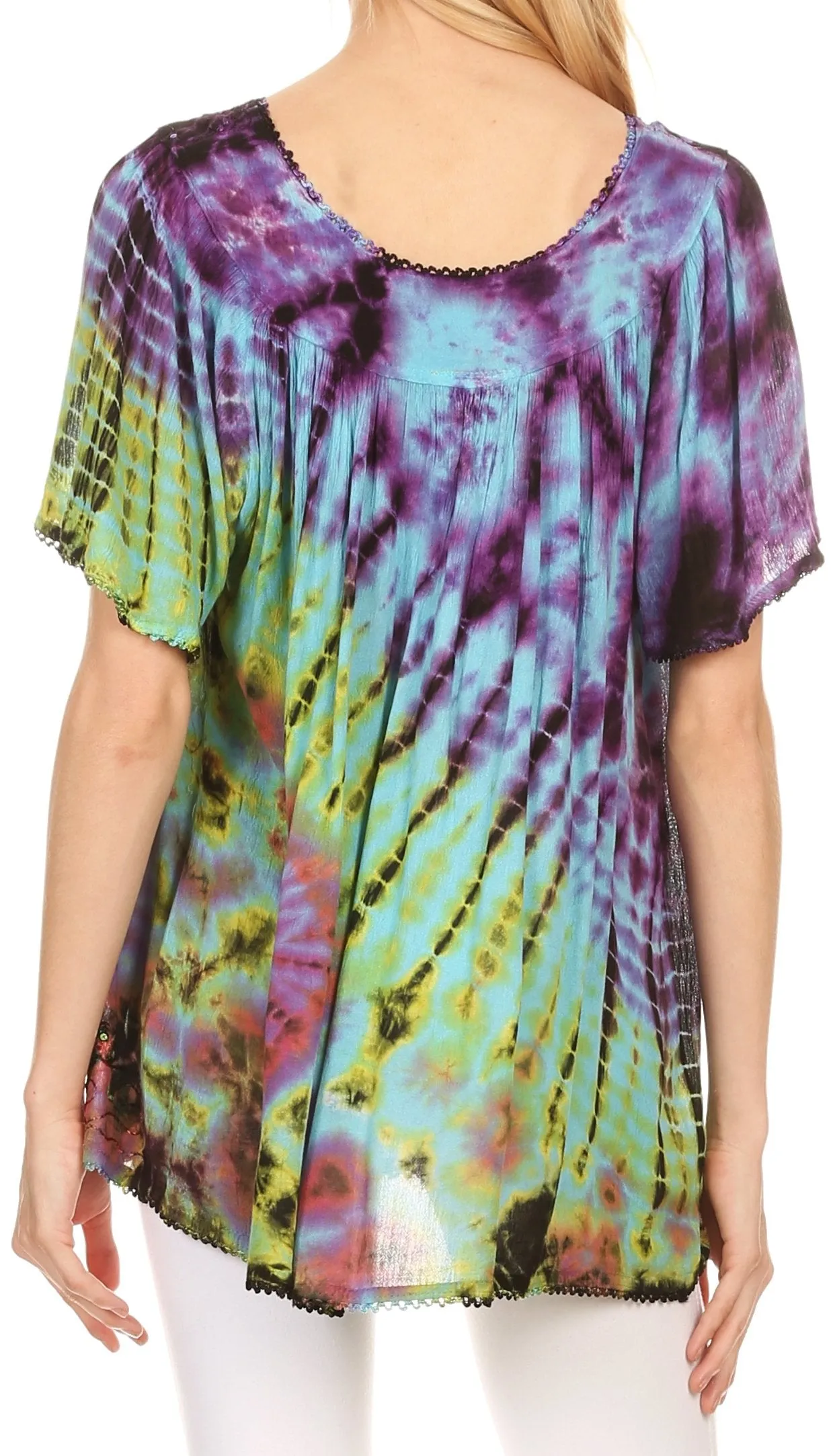 Sakkas Soraya Tie-Dye Scoop Neck Short Sleeve Embroidered Tunic Relaxed Fit Top