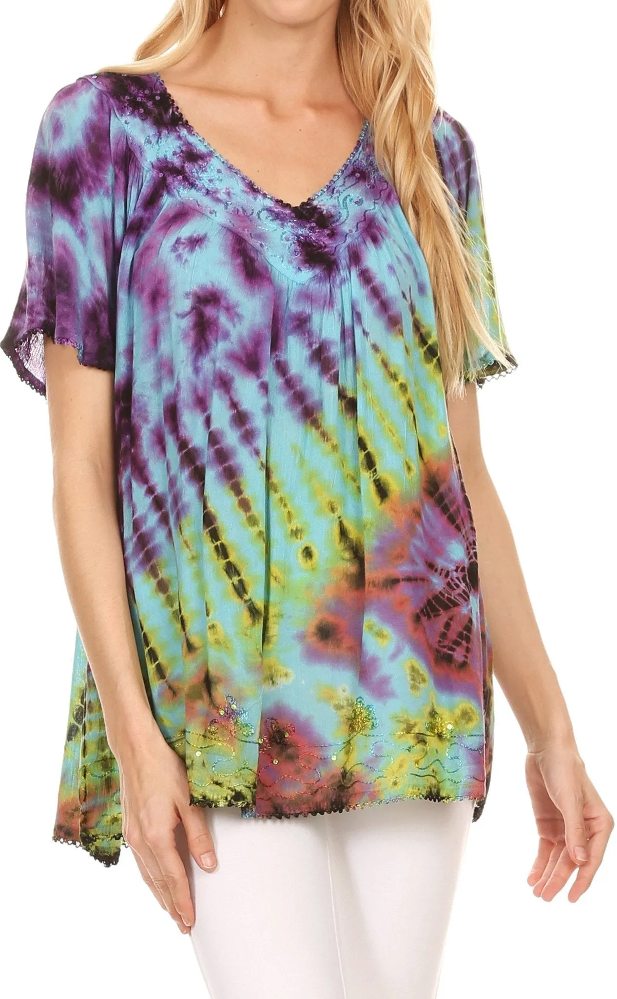 Sakkas Soraya Tie-Dye Scoop Neck Short Sleeve Embroidered Tunic Relaxed Fit Top