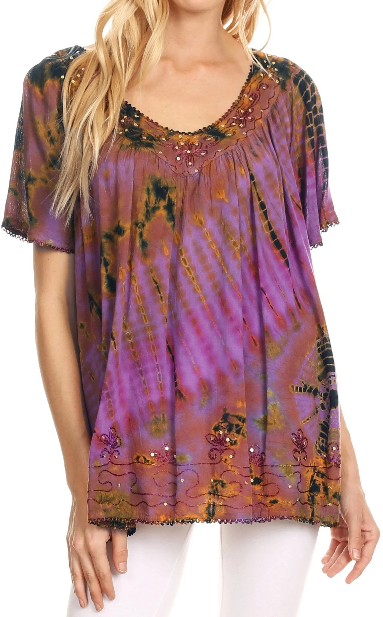 Sakkas Soraya Tie-Dye Scoop Neck Short Sleeve Embroidered Tunic Relaxed Fit Top