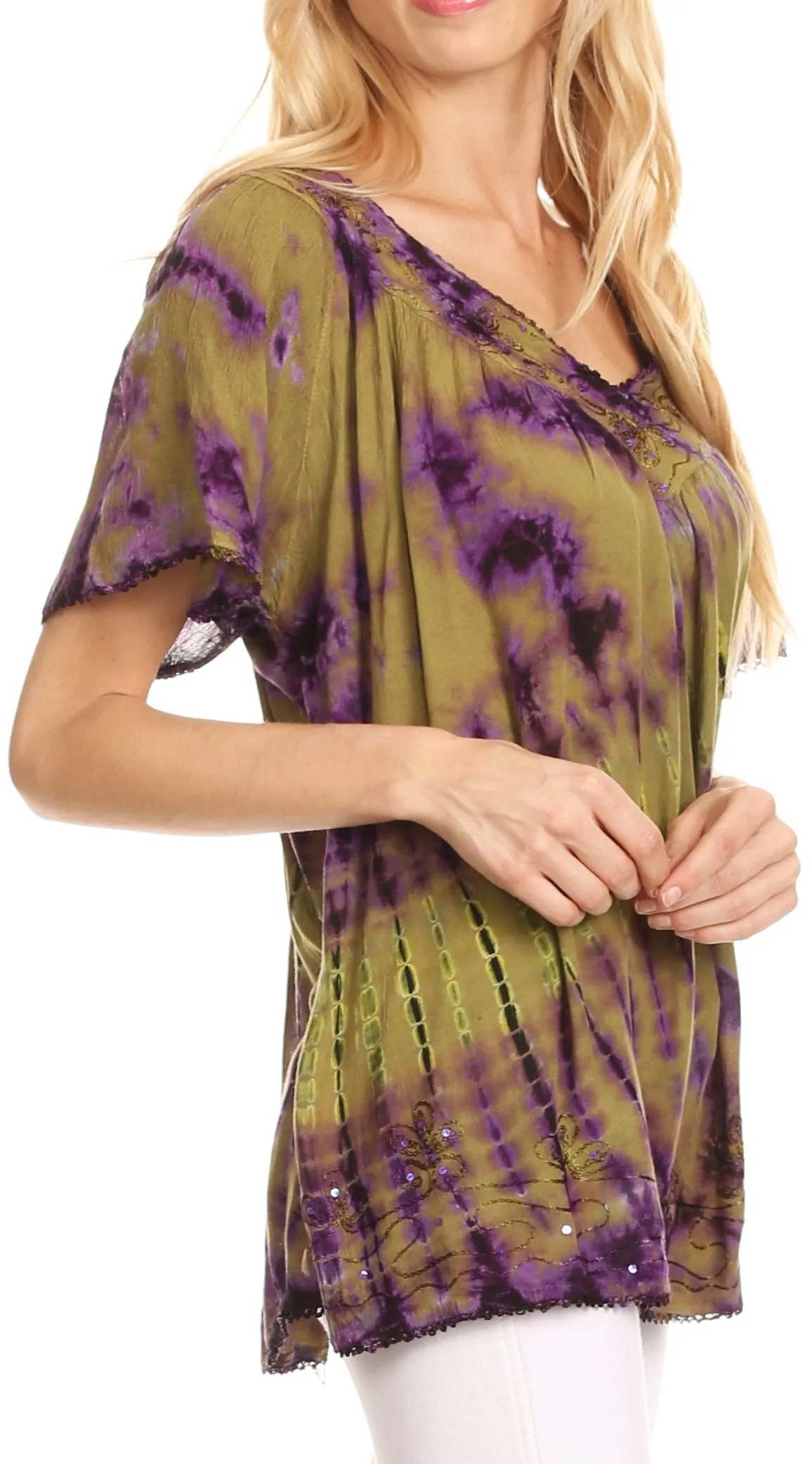 Sakkas Soraya Tie-Dye Scoop Neck Short Sleeve Embroidered Tunic Relaxed Fit Top