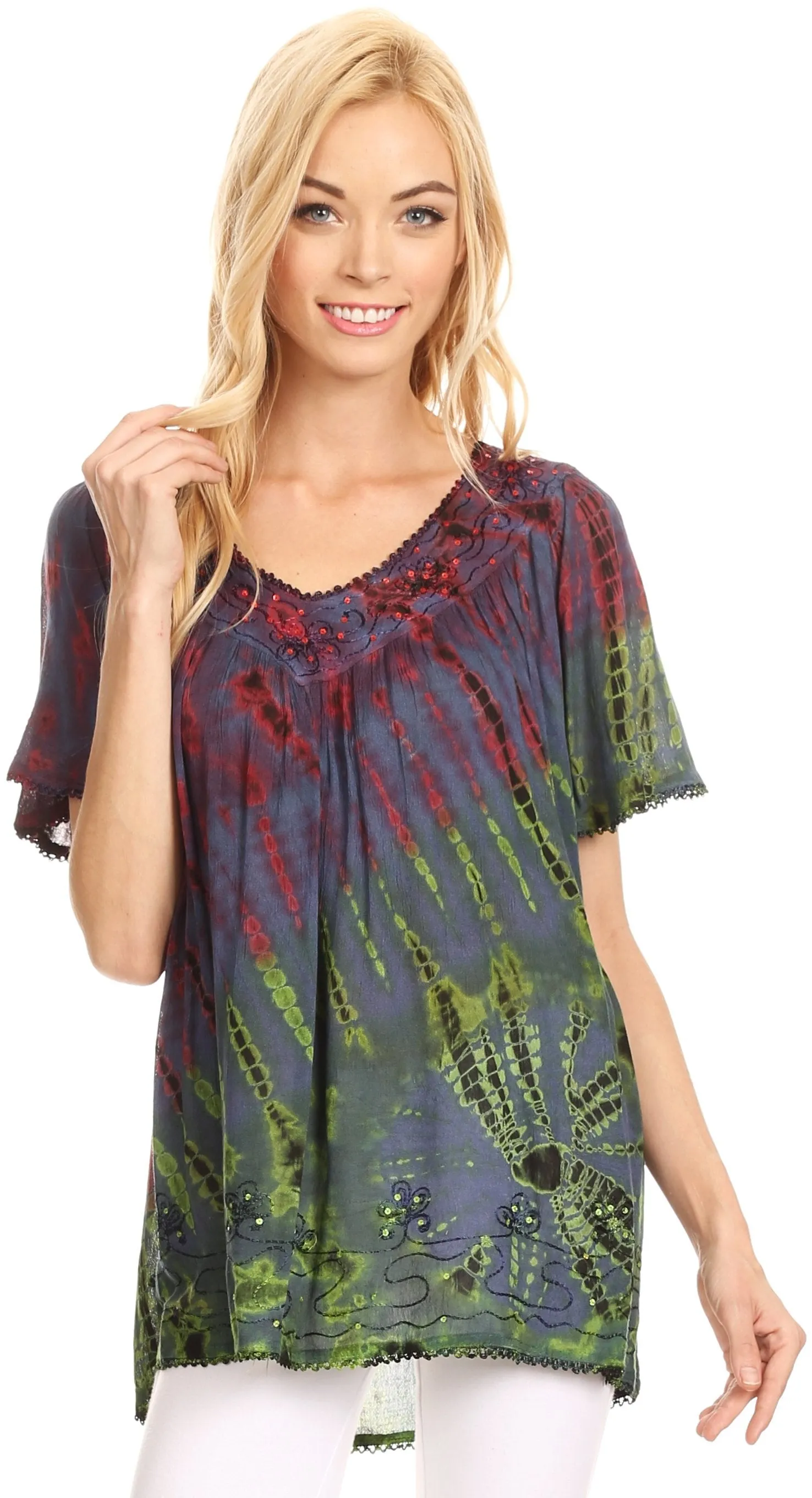 Sakkas Soraya Tie-Dye Scoop Neck Short Sleeve Embroidered Tunic Relaxed Fit Top