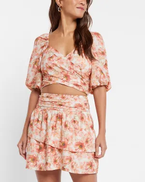 Satin Floral Asymmetrical Tiered Mini Skirt in Pink Print