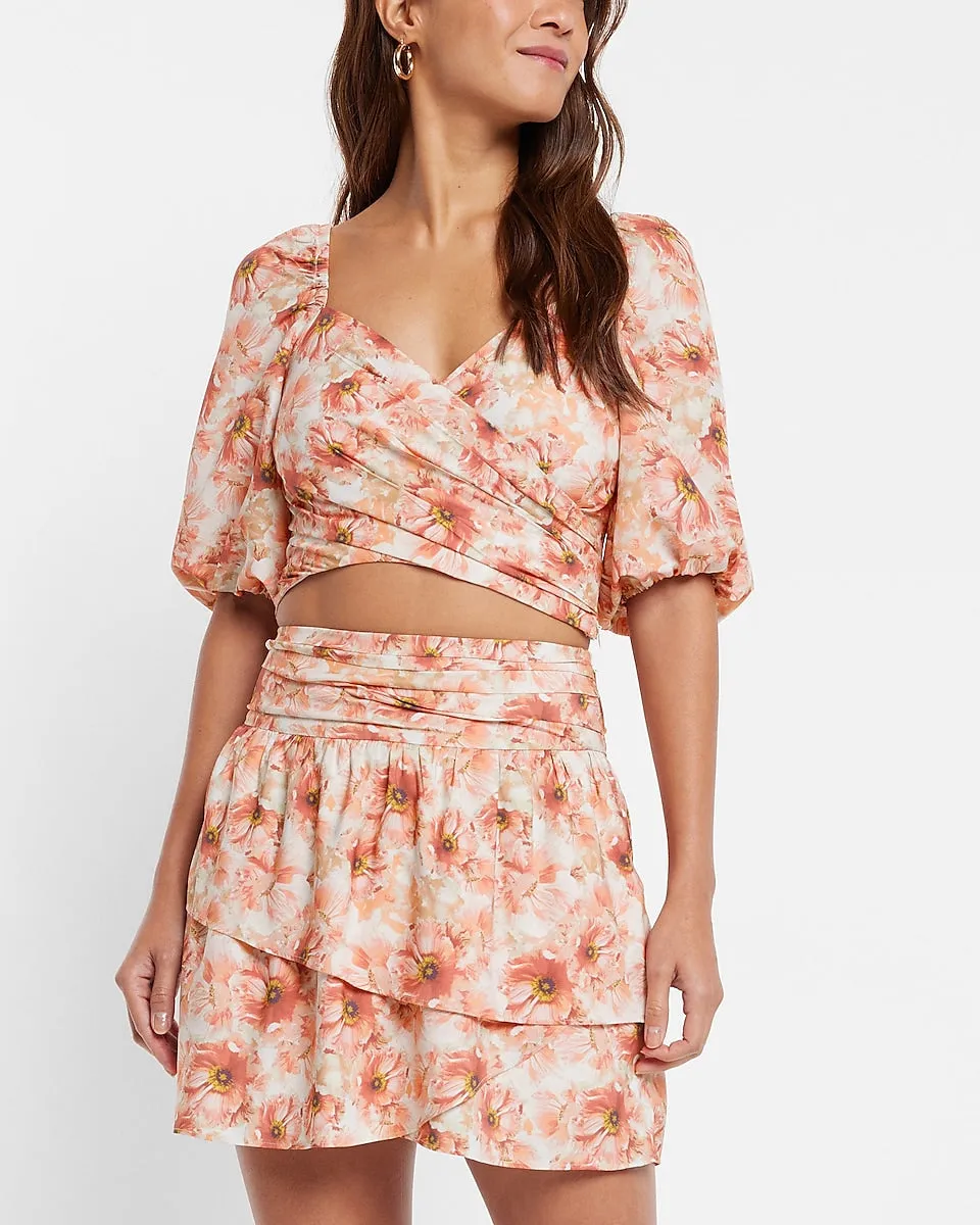 Satin Floral Asymmetrical Tiered Mini Skirt in Pink Print