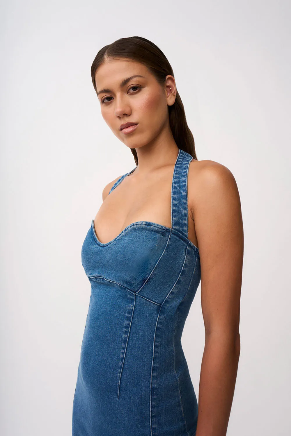 Savannah Denim Halter Midi Dress- Blue Denim