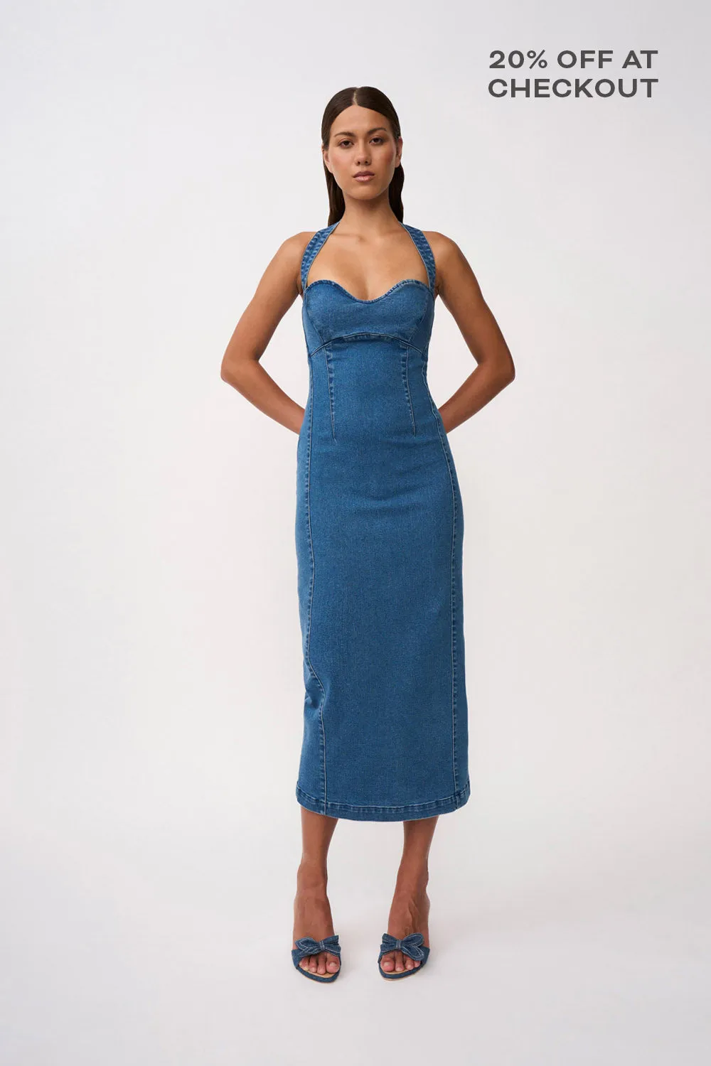 Savannah Denim Halter Midi Dress- Blue Denim