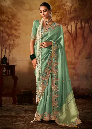 Sea Green Wedding Wear Embroidered Kanjivaram Silk Saree