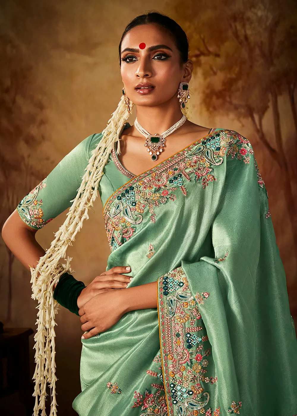 Sea Green Wedding Wear Embroidered Kanjivaram Silk Saree