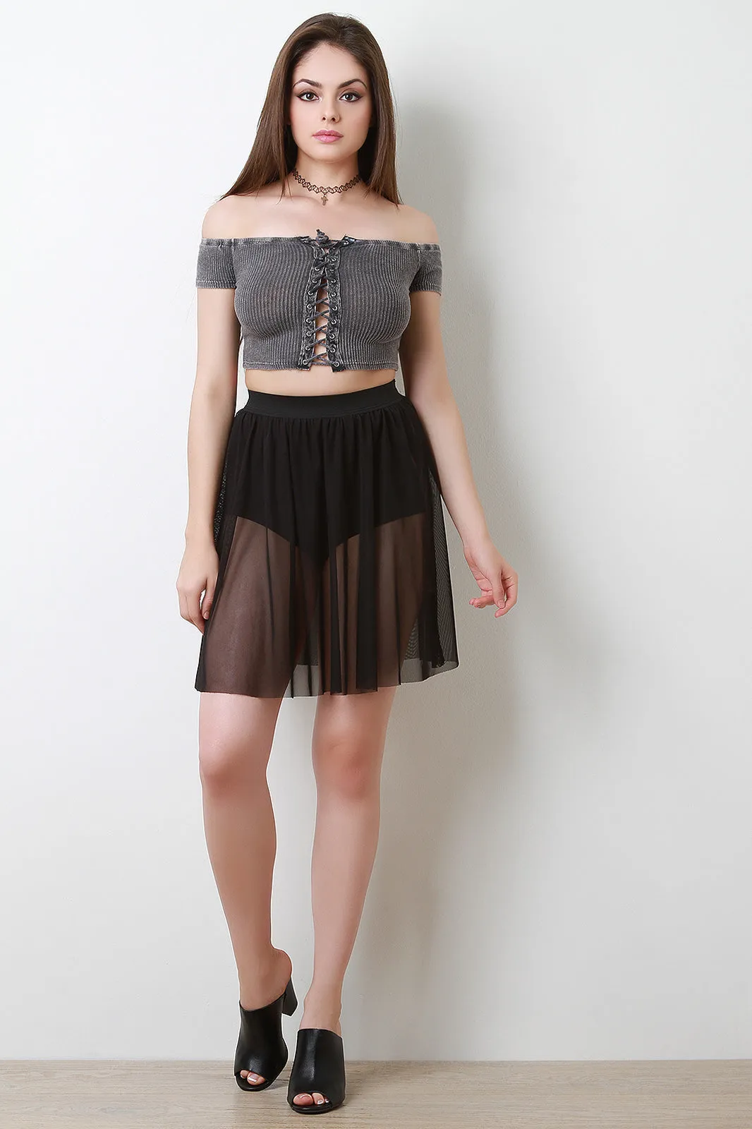 Semi-Sheer Mesh A-Line Raw Edge Skirt