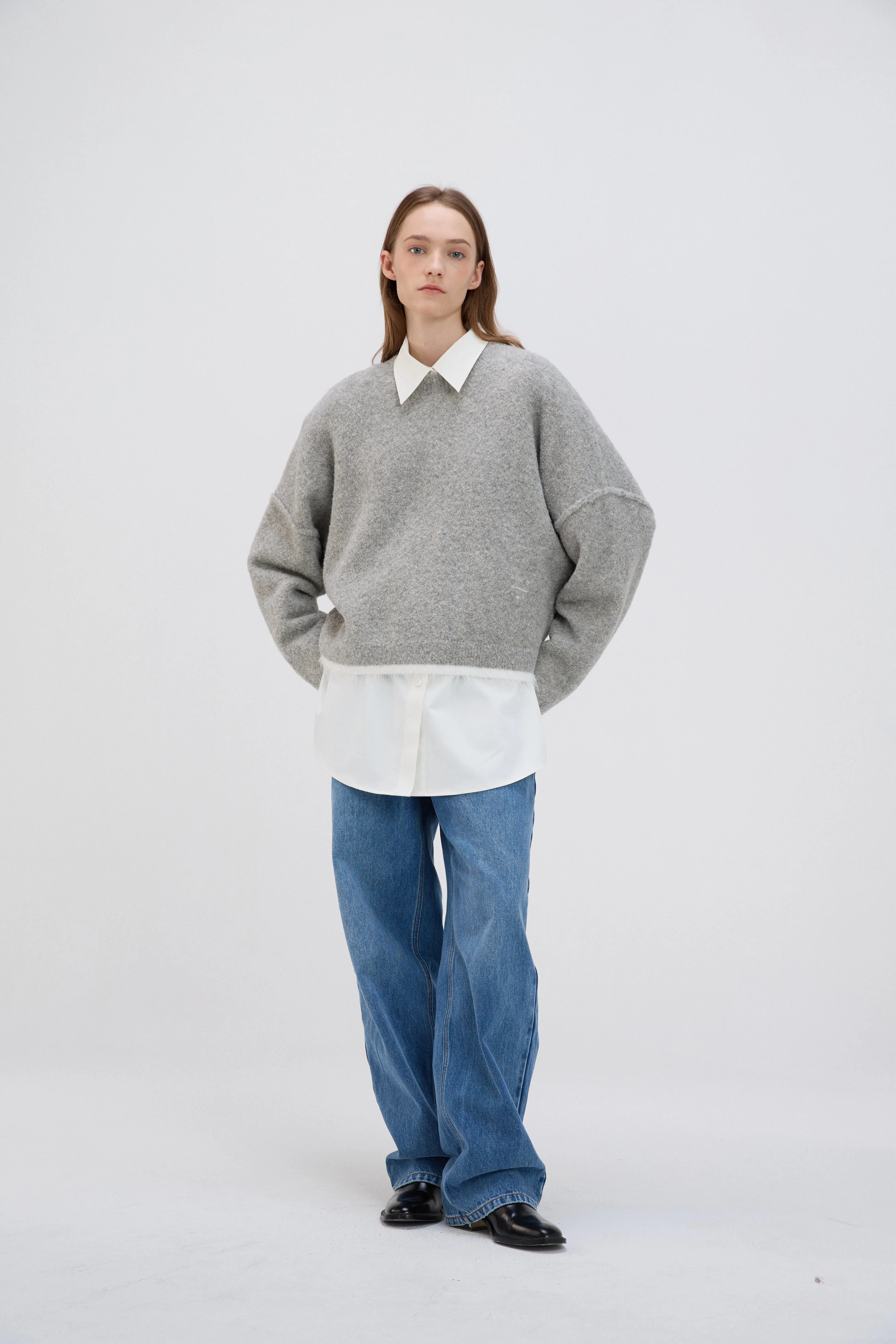 Shearling-Trim Oversized Knit Sweater - Grey