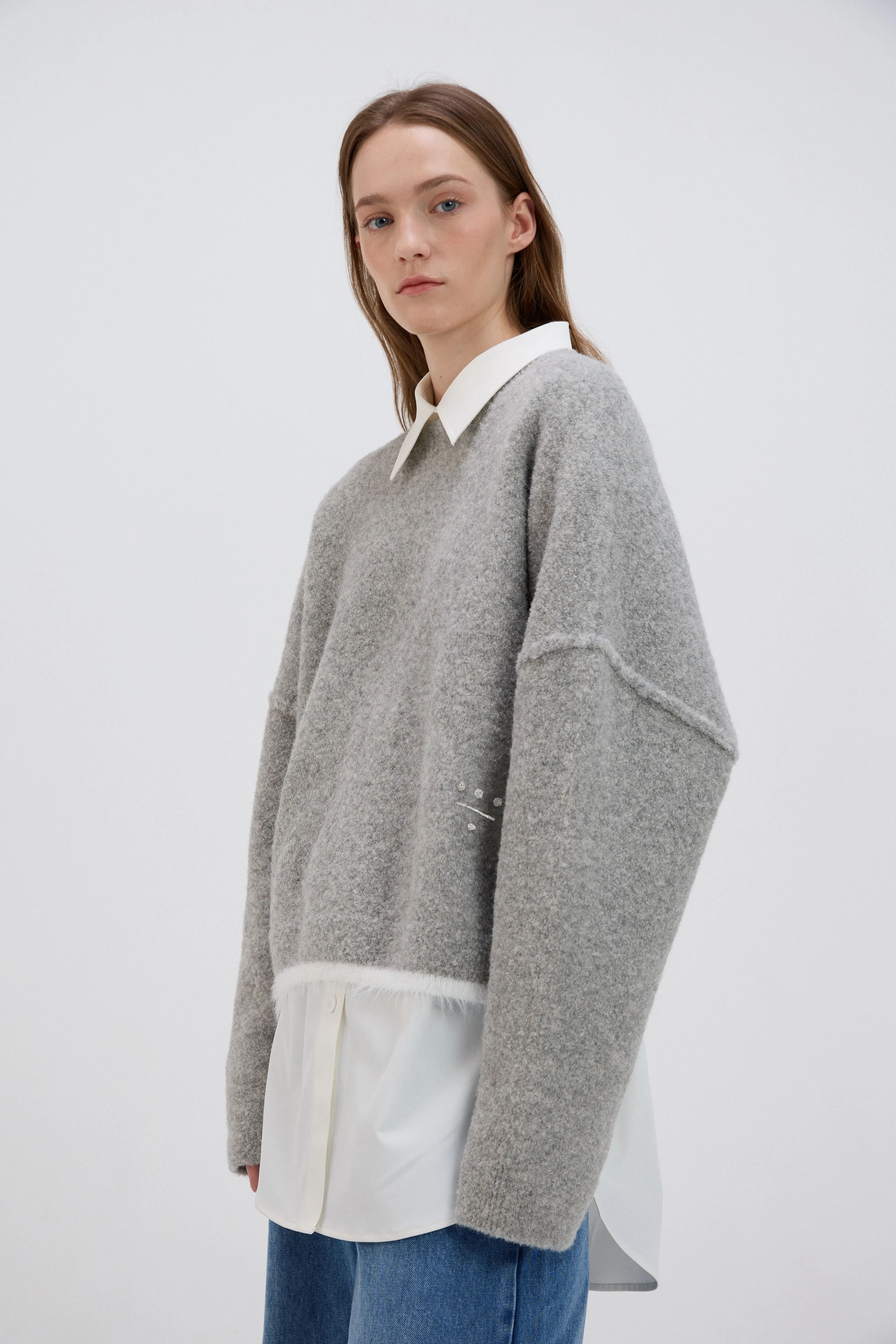 Shearling-Trim Oversized Knit Sweater - Grey