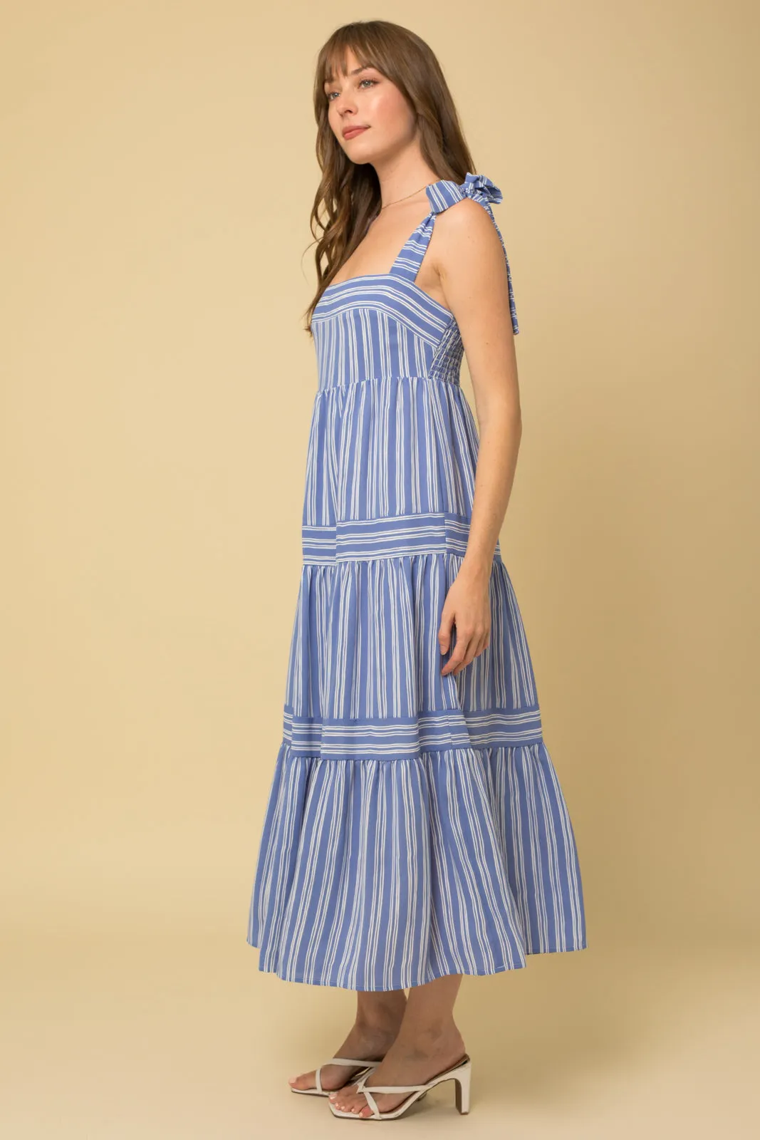 Shoulder Tie Striped Midi Dress