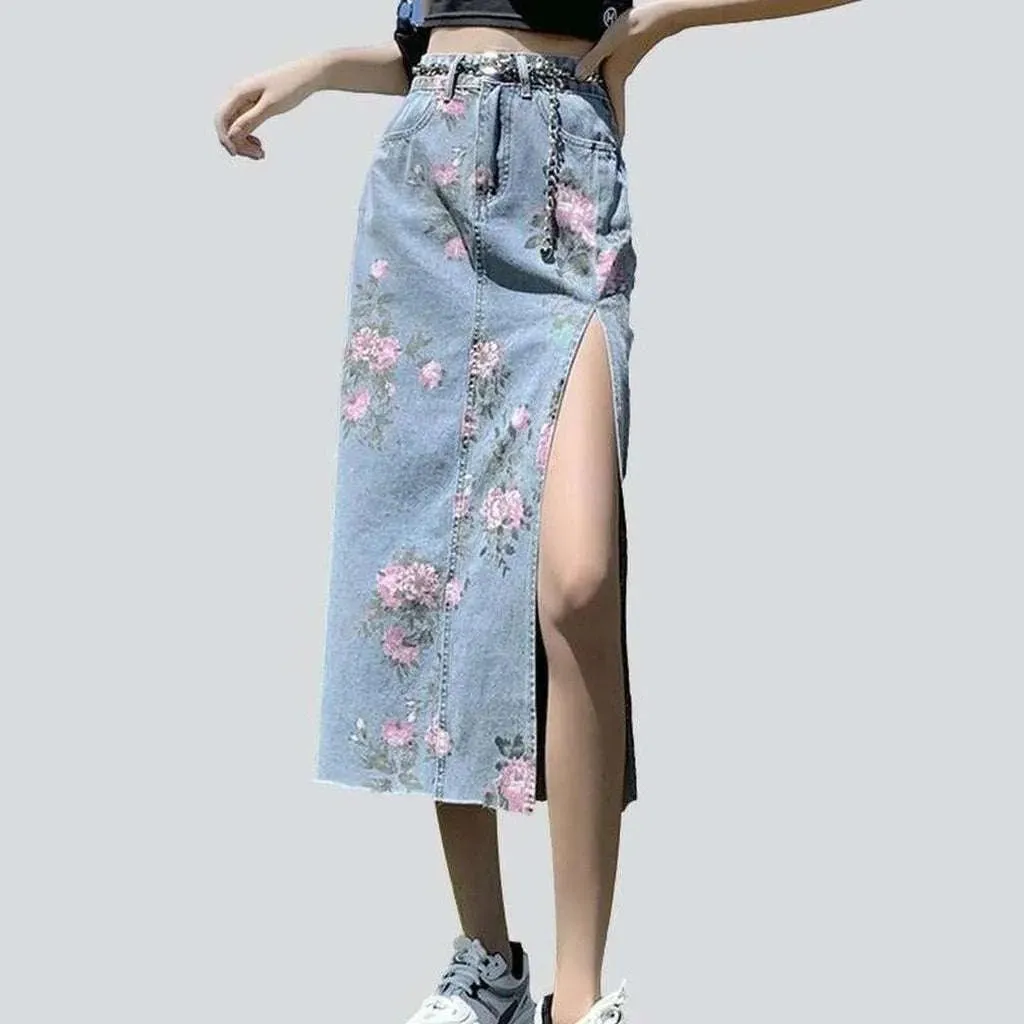 Slit denim skirt with flowers