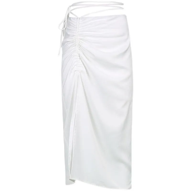 Soft Aesthetic White Ruched Split Midi Skirt