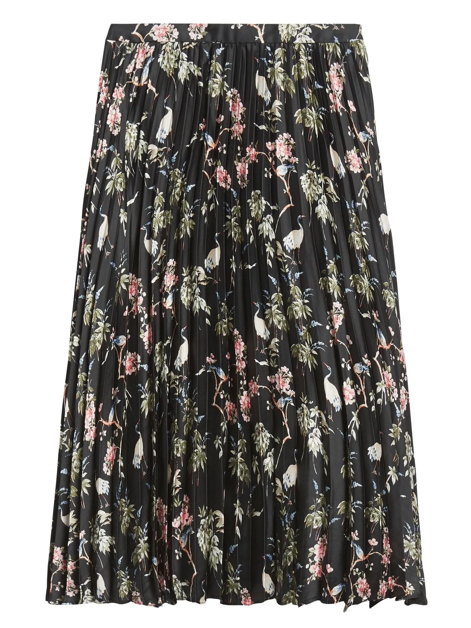 Soft Satin Pleated Midi Skirt in Black Floral