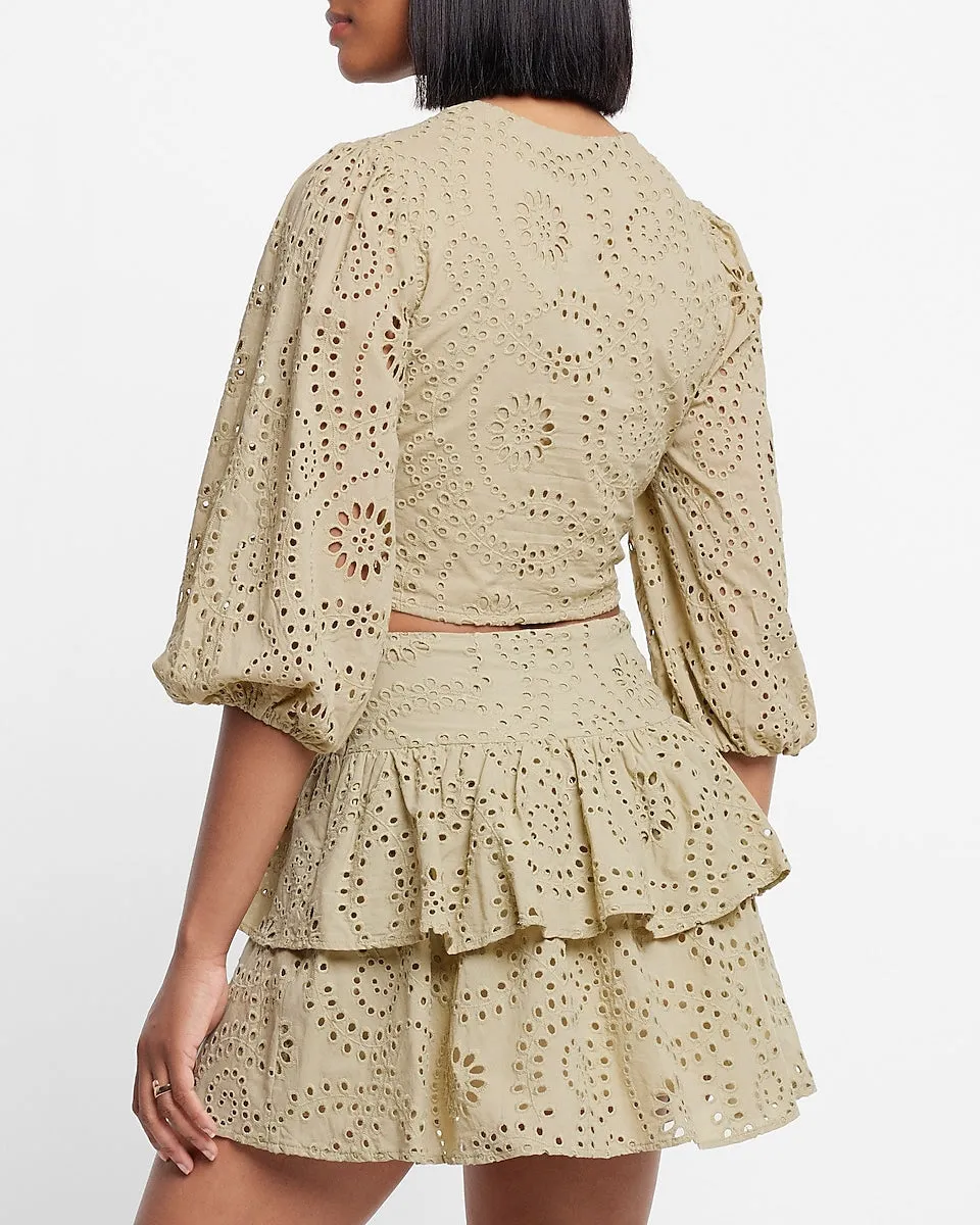 Super High Waisted Eyelet Tiered Ruffle Mini Skirt in Elm