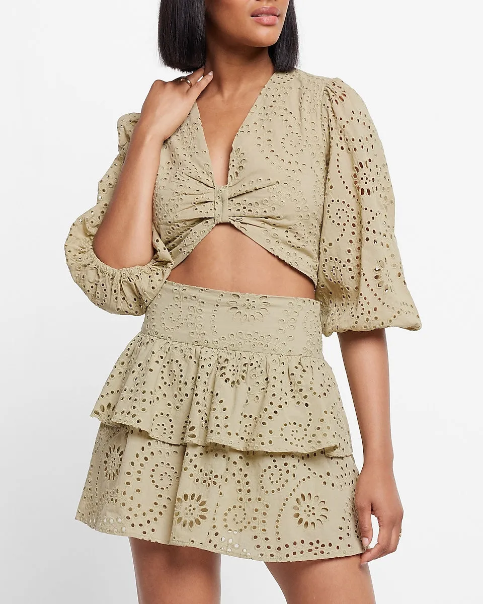 Super High Waisted Eyelet Tiered Ruffle Mini Skirt in Elm