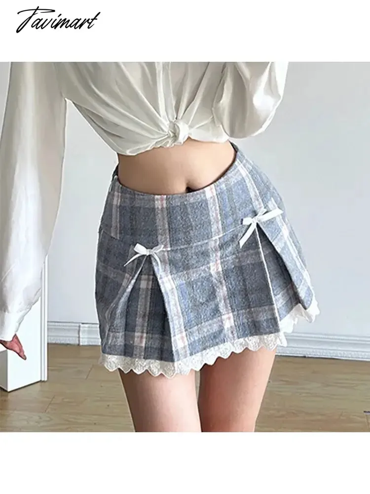 TAVIMART -  Woman Preppy Style Mini Korean Skirt A-line Elegant Skirt Casual Pleated Daily Skirt Romantic Skirt Sweet Kawaii Plaid Contrast