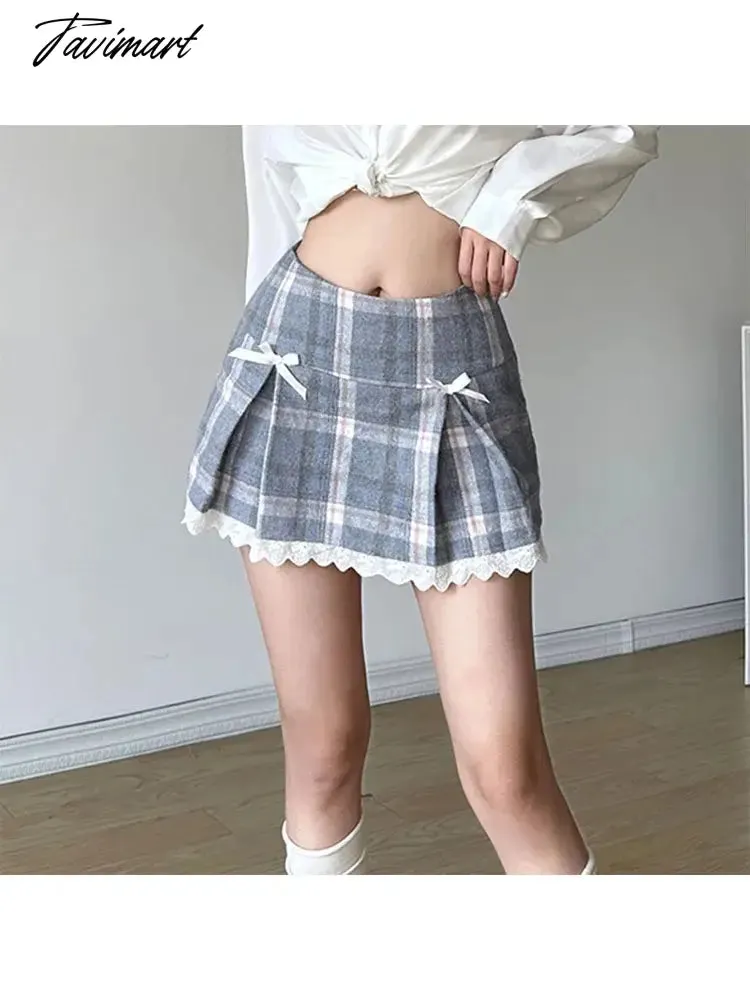 TAVIMART -  Woman Preppy Style Mini Korean Skirt A-line Elegant Skirt Casual Pleated Daily Skirt Romantic Skirt Sweet Kawaii Plaid Contrast