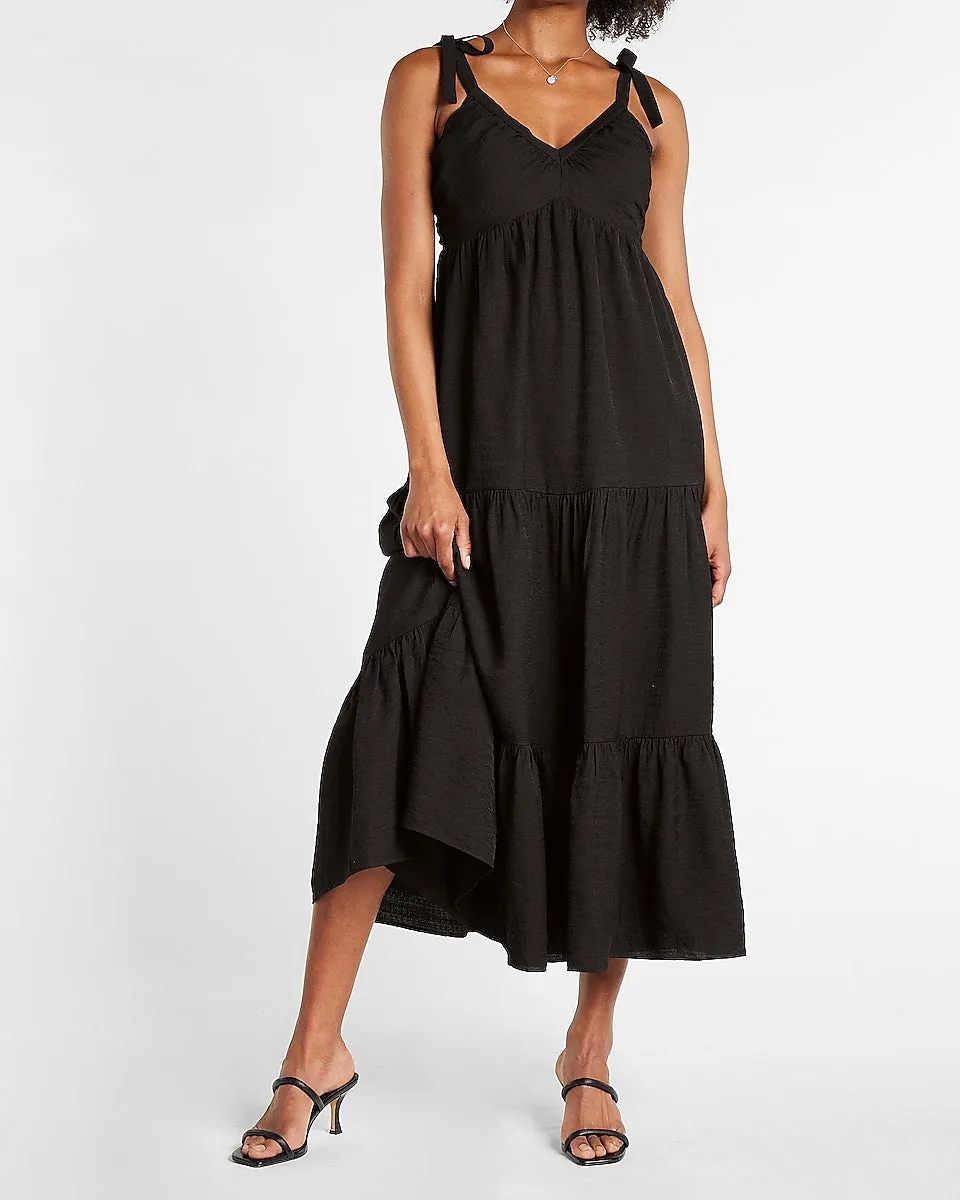 Tie Shoulder Tiered Maxi Dress in Pitch Black