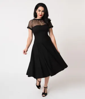 Unique Vintage 1950s Black Stretch Sheer Bodice Shirelle Swing Dress