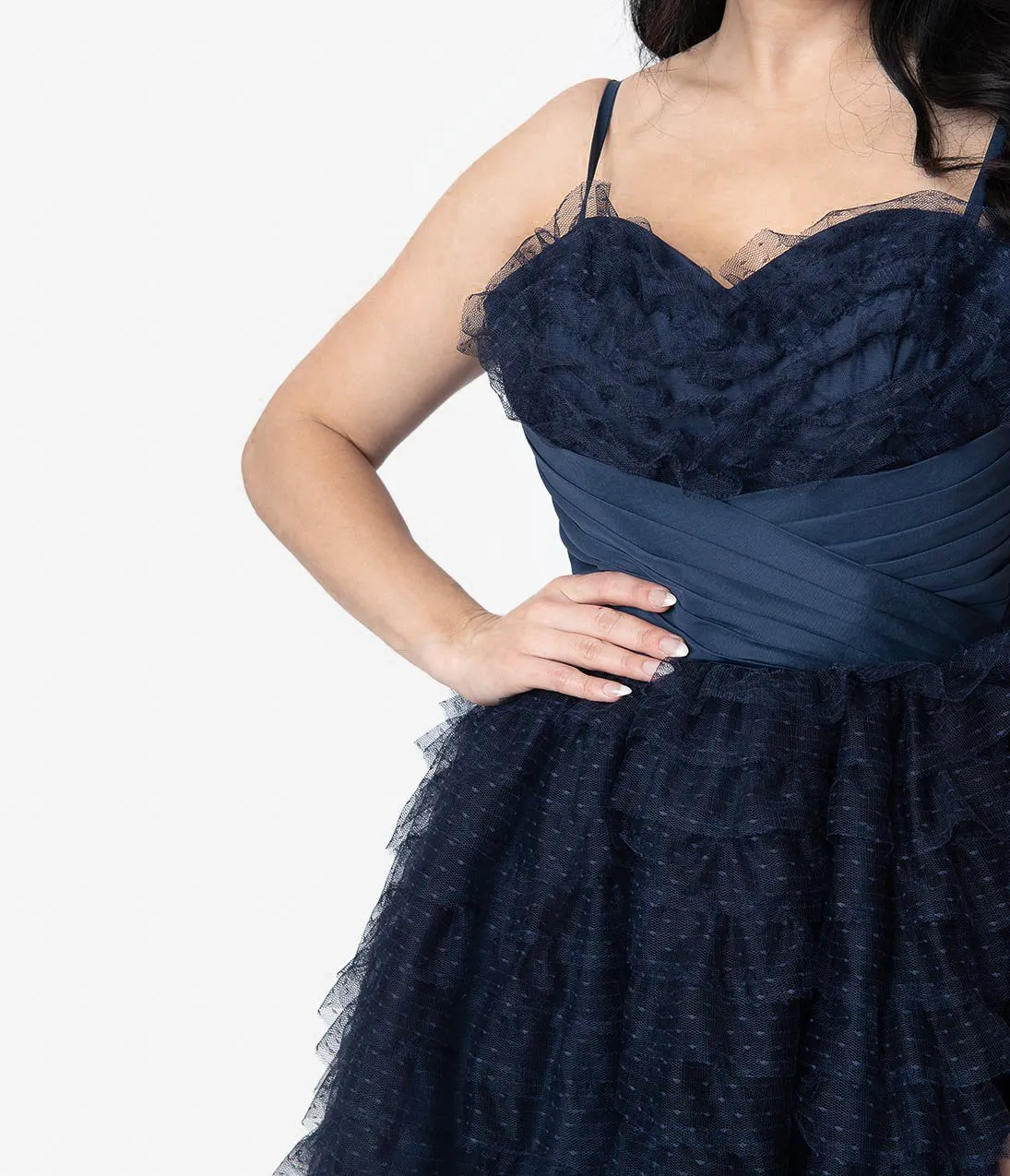 Unique Vintage 1950s Navy Ruffled Tulle Sweetheart Cupcake Swing Dress