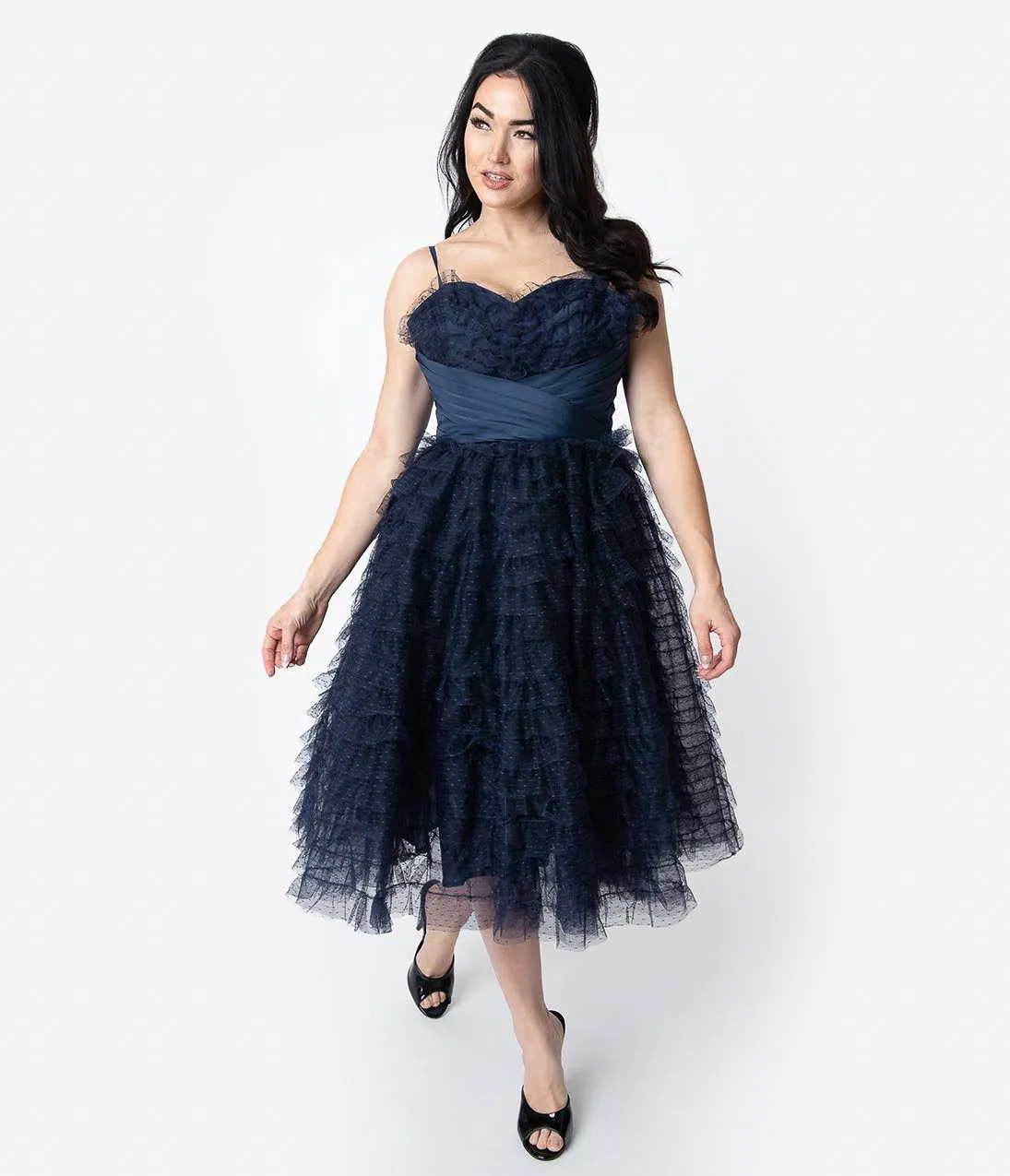 Unique Vintage 1950s Navy Ruffled Tulle Sweetheart Cupcake Swing Dress