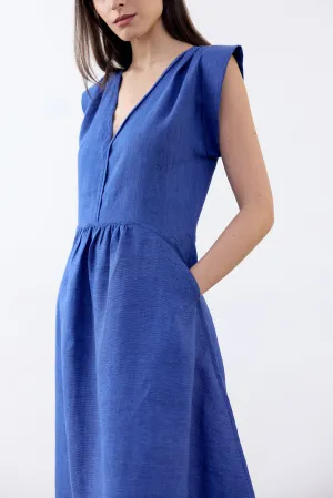 V-Neck Relaxed Linen Dress - Cobalto