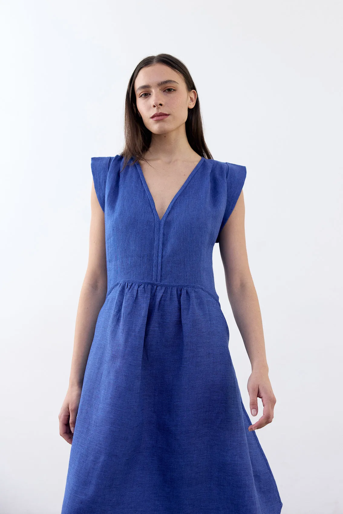 V-Neck Relaxed Linen Dress - Cobalto