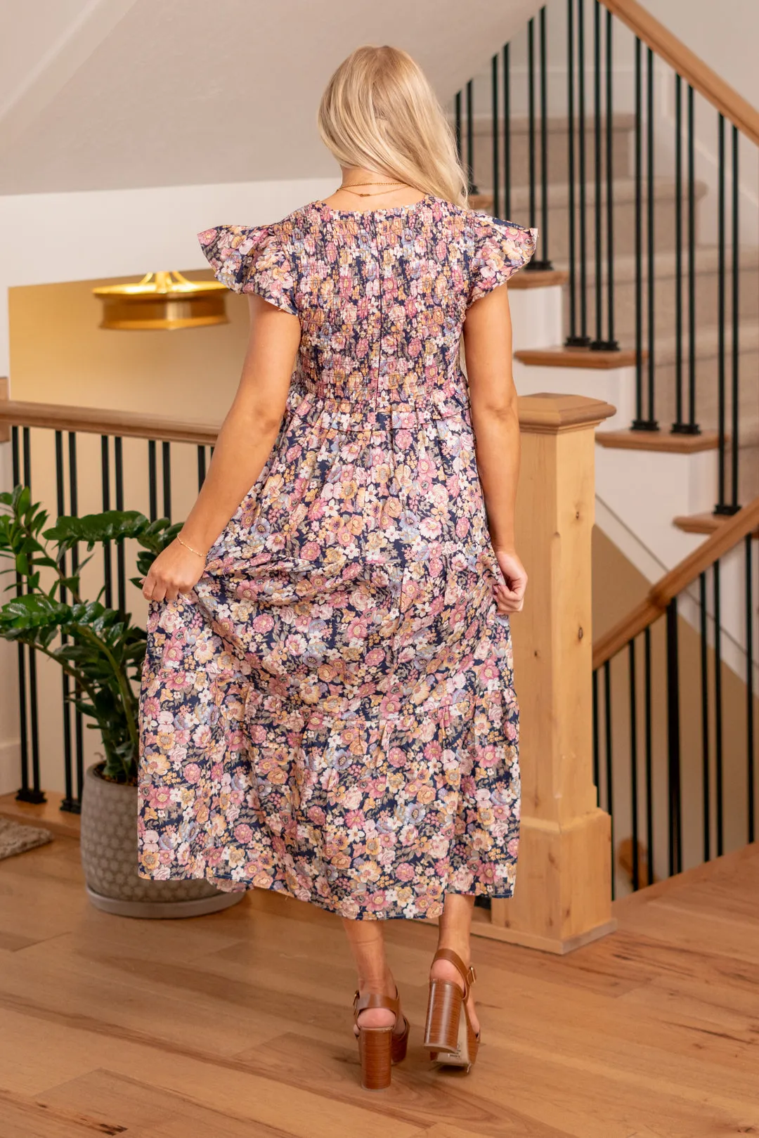 Vintage Garden Floral Flutter Smocking Midi Dress