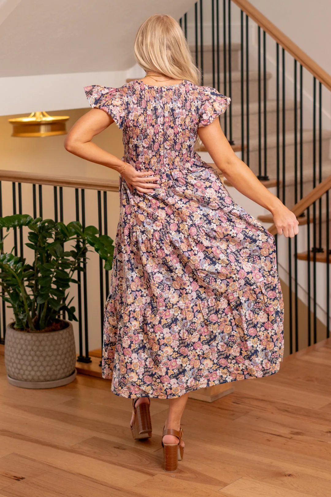 Vintage Garden Floral Flutter Smocking Midi Dress