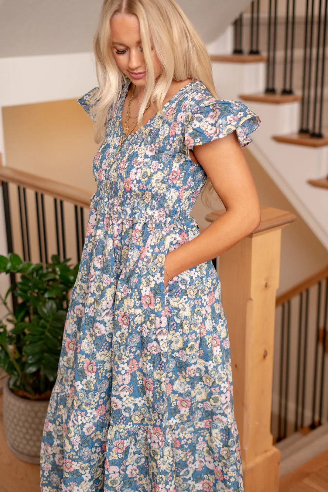 Vintage Garden Floral Flutter Smocking Midi Dress