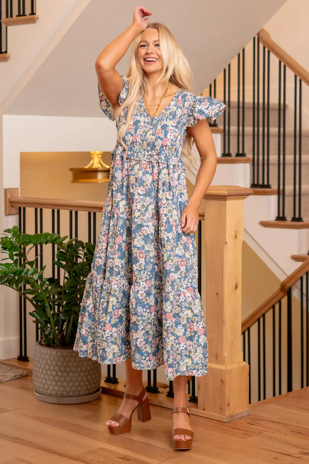 Vintage Garden Floral Flutter Smocking Midi Dress