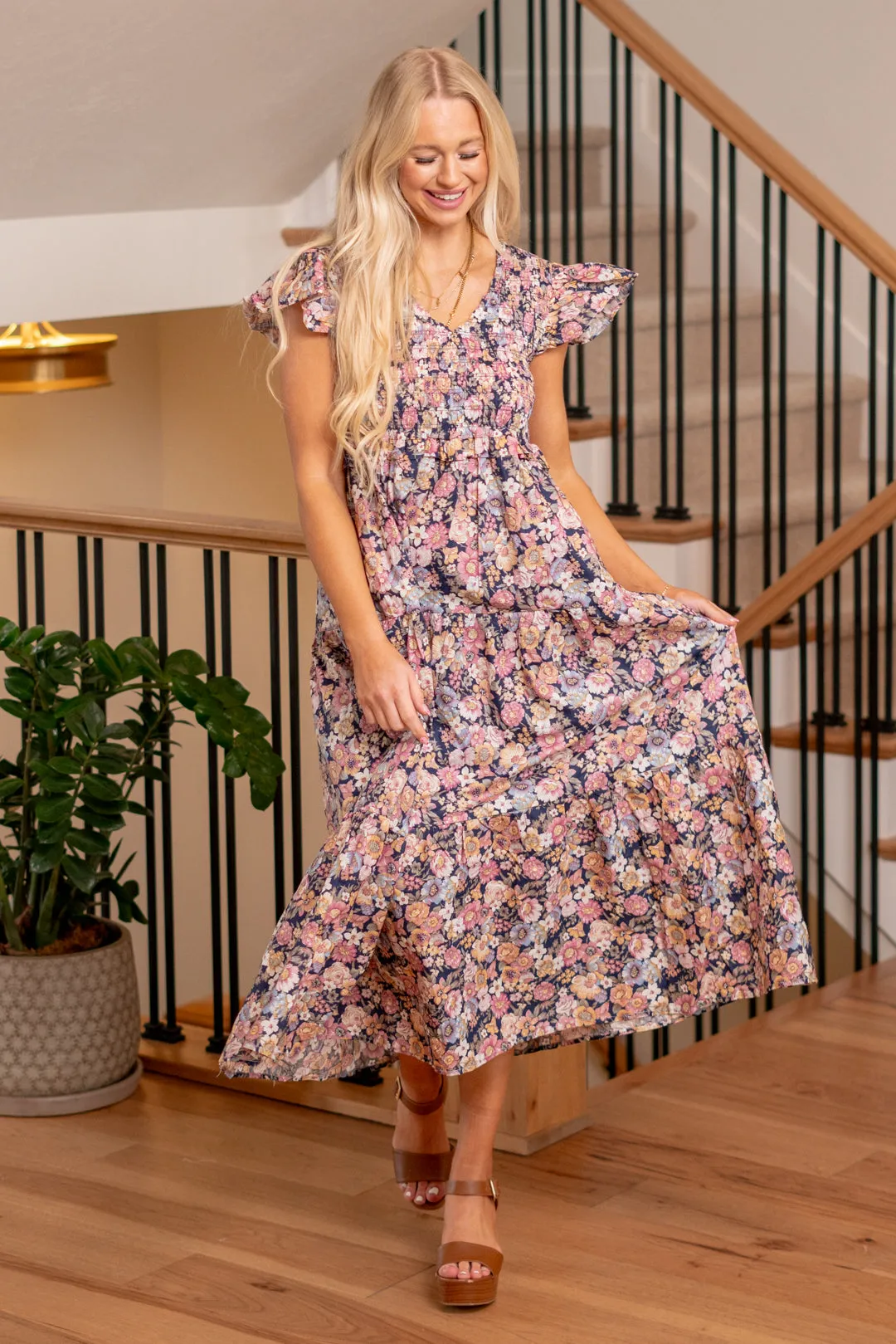 Vintage Garden Floral Flutter Smocking Midi Dress