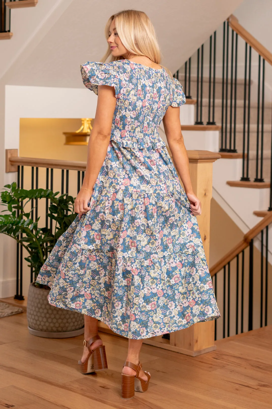 Vintage Garden Floral Flutter Smocking Midi Dress