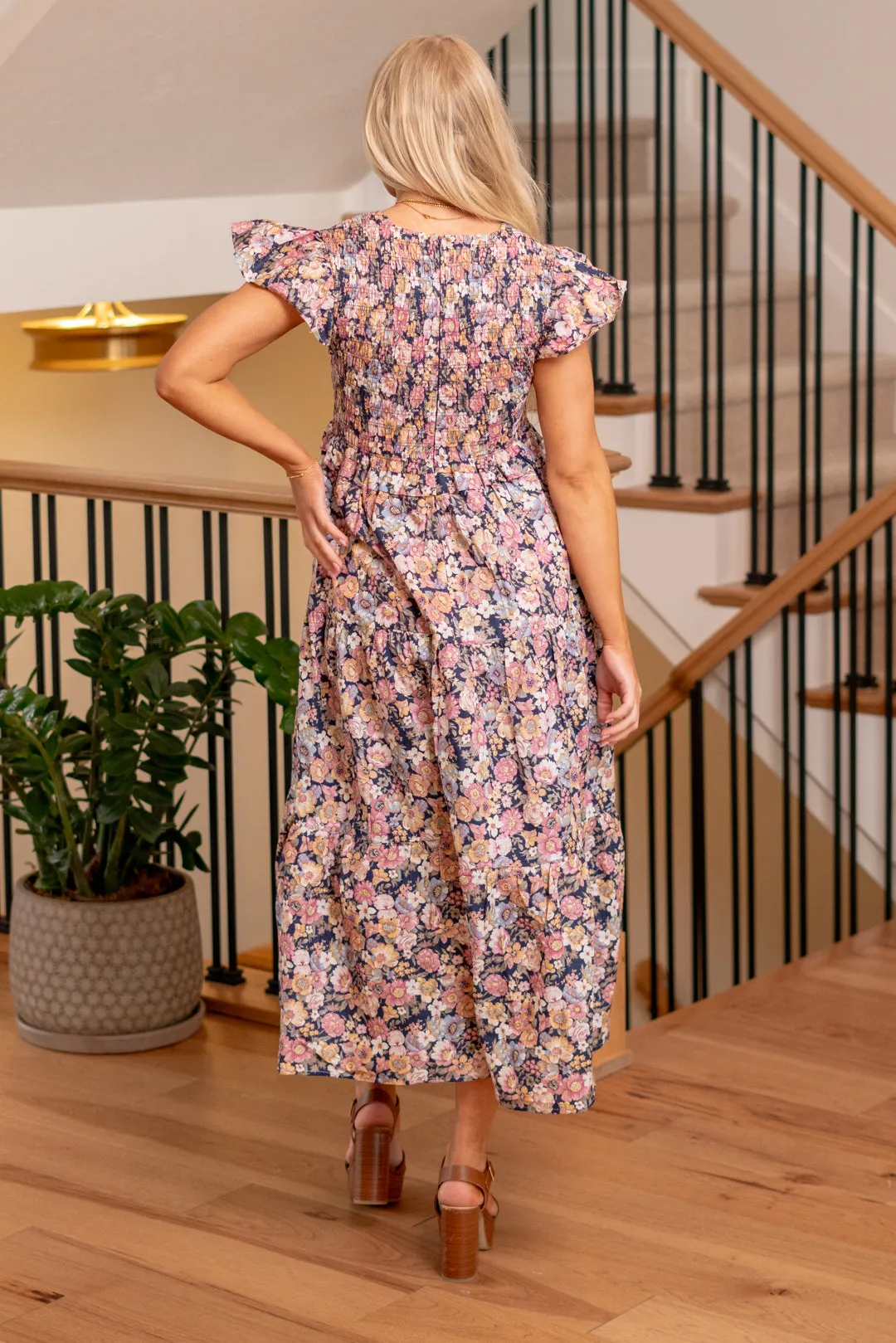 Vintage Garden Floral Flutter Smocking Midi Dress