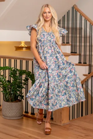 Vintage Garden Floral Flutter Smocking Midi Dress